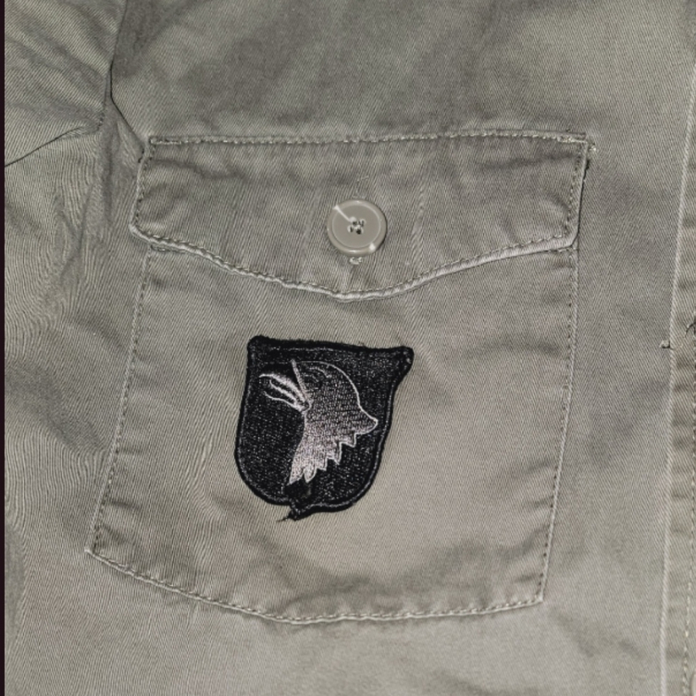 Jac Vanek Army Military Green Jacket Distressed Repurposed Ray Of Effin 🌞 - Picture 8 of 11